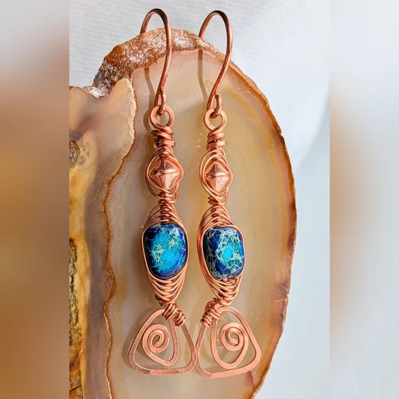 Eclectic Copper Earrings Vibrant Coastal Blue Jasper Artisan Crafted Jewelry - Picture 11 of 11